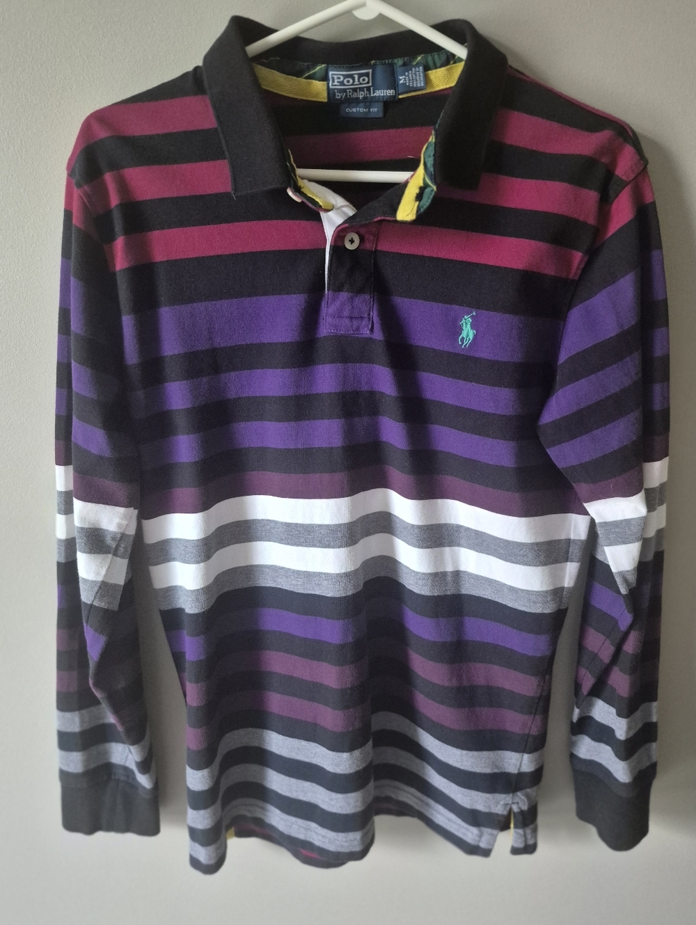 Polo Ralph Lauren Striped Rugby Shirt Top Medium Black Gray Purple Cream
